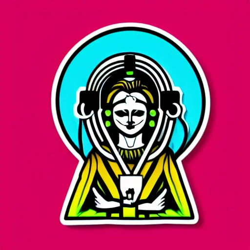 Image similar to svg vector sticker of absolutely divine-deity-God, rocking out, wearing headphones, huge speakers, dancing, rave, DJ, spinning records, digital art, amazing composition, rule-of-thirds, award-winning, trending on artstation, featured on deviantart