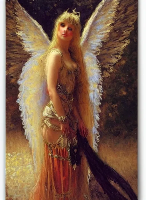 Image similar to vertical prtrait of an angel knight gothic girl, baroque dress. by gaston bussiere