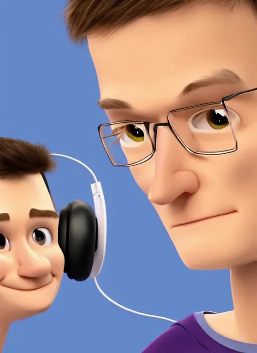 Image similar to vitalik buterin in headphones starring in pixar cartoon. vitalik buterin, medium shot, perfect symmetric face, coherent eyes, pixar cartoon style, beautiful face, fine details., very sharp, 4 k