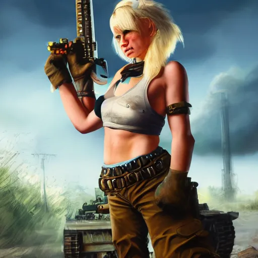 Image similar to tank girl, ultra highly detailed, concept art, fun pose, wild eyes, big hammer, 4 k