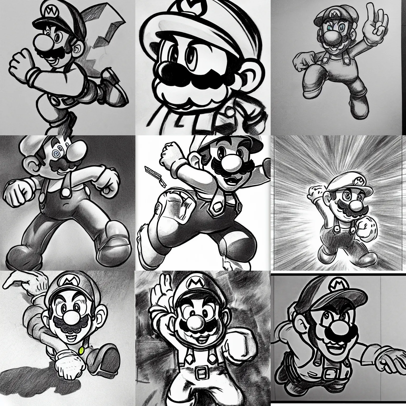 Prompt: epic shaded pencil sketch of super mario in the middle of battle, determined gaze, striking manga artstyle, detailed shadows