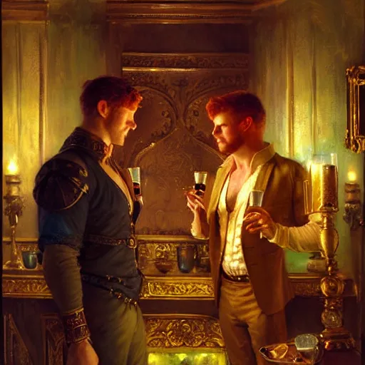 Image similar to attractive male mike with ginger hair and attractive male tyler with brunet hair, drinking their hearts out, in their noble mansion, at night. highly detailed painting by gaston bussiere, craig mullins, donato giancola, j. c. leyendecker 8 k