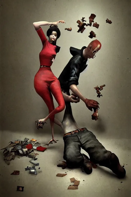 Image similar to man breaking into pieces while a woman tries to hold the fallen parts, surreal, ray caesar