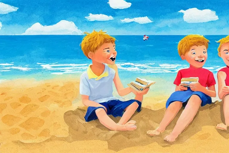 Prompt: Two happy children sitting on the beach making sandcastles, blue sky, HD, comic book, illustration by Benji Davies