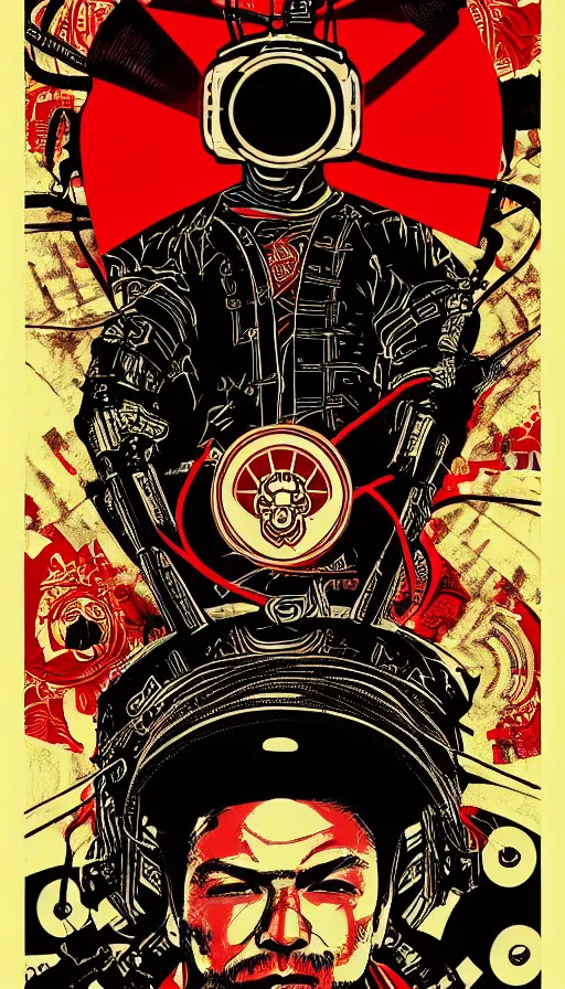 Image similar to !dream Illustrated by Shepard Fairey and H.R. Geiger | Cyberpunk Samurai with VR helmet, surrounded by cables