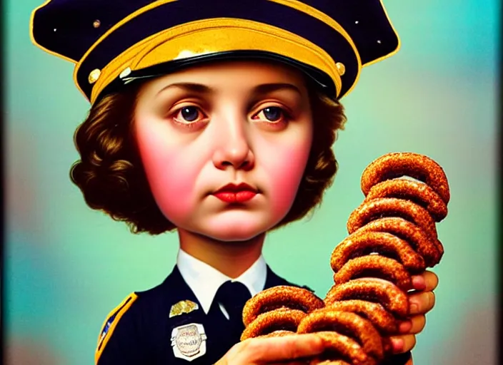 Prompt: a police officer made of donuts, lowbrow, matte painting, 3 - d highly detailed, in the style of mark ryden,