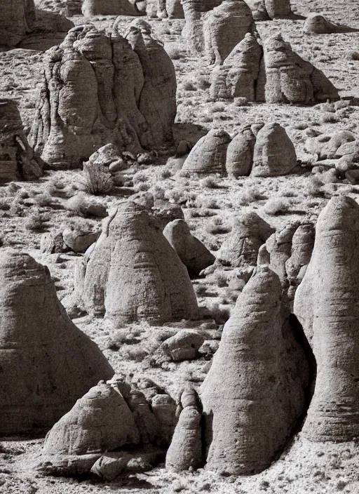 Image similar to Towering badland rock formations protruding out of lush desert vegetation, albumen silver print by Timothy H. O'Sullivan.