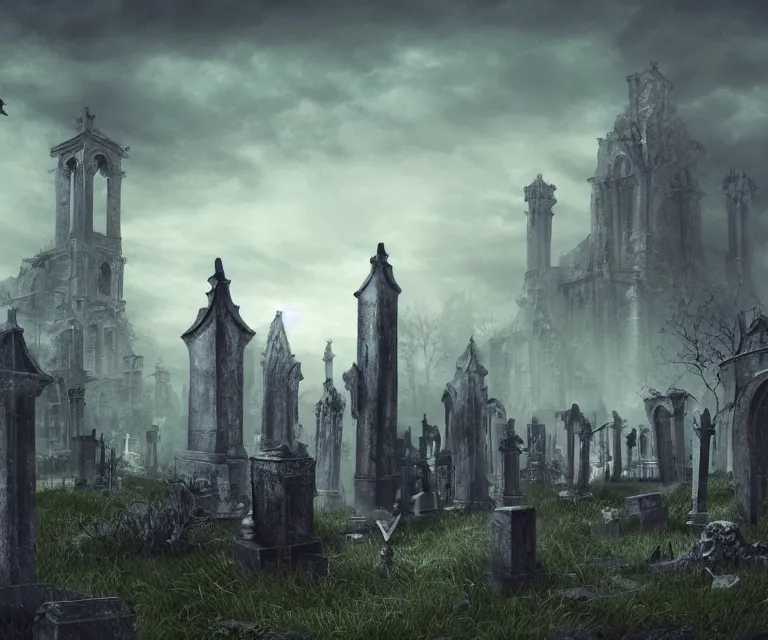 Image similar to a city of tombs and tombstones, graveyard landscape, ghostly spirits, giant grave structures, giant tomb structures, bloodborne, dark fantasy, digital art, fantasy art