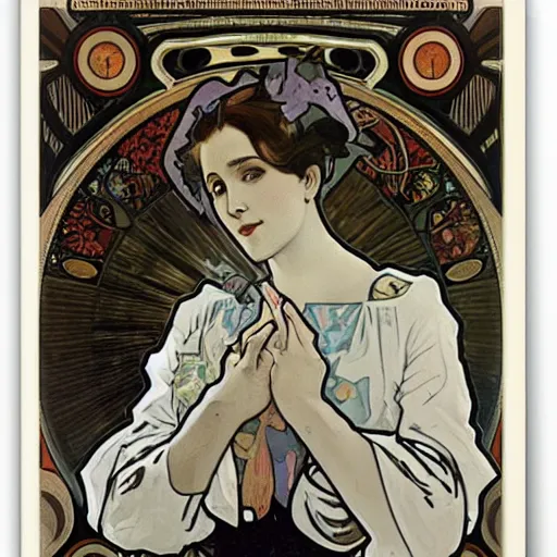 Image similar to a confused designer looking at their laptop by Alphonse Mucha