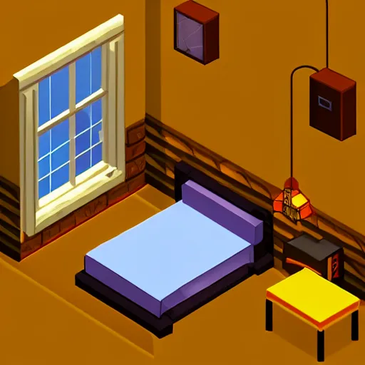 Image similar to rpg maker style bedroom, rpg game style, warm yellow lighting, isometric view, isometric perspective, 3 d, comforting