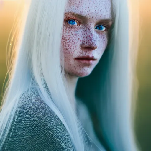 Prompt: beautiful hyperreal portrait of a cute woman, long white hair, freckles, blue eyes, very detailed face, soft smile golden hour, soft focus, 8 k, portra 4 0 0