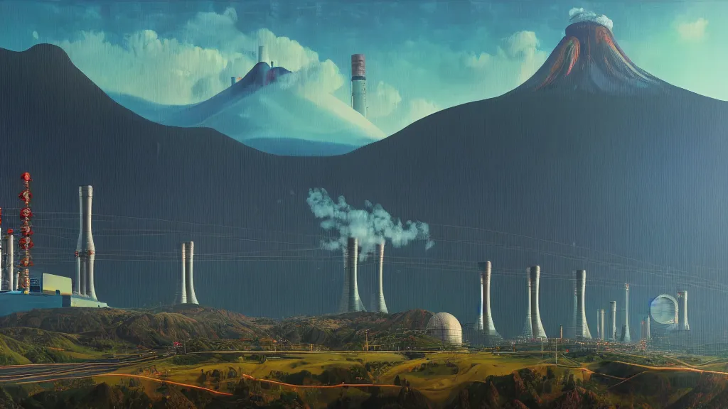 Image similar to Nuclear Reactors integrated with the nature, mountains and city of Quito; by Simon Stålenhag, oil on canvas; Art Direction by James Cameron; 4K, 8K; Ultra-Realistic Depth Shading