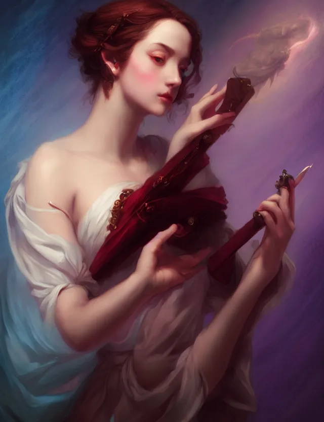 Prompt: the bard playing the theremin of charlie bowater, titian and artgerm, full - length portrait, complex, complex, elegant, beautiful, high detail, dramatic lighting, clear focus, trending on artstation, pastel beautiful colors, blue, indigo, lilac, matte red, beautiful light and shadows