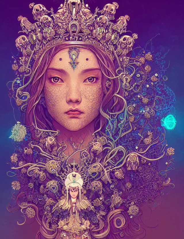 Image similar to symmetrical, centered, goddess close-up portrait wigh crown made of skulls. phoenix betta fish, phoenix, bioluminiscent creature, super intricate ornaments artwork by Tooth Wu and wlop and alena aenami and greg rutkowski