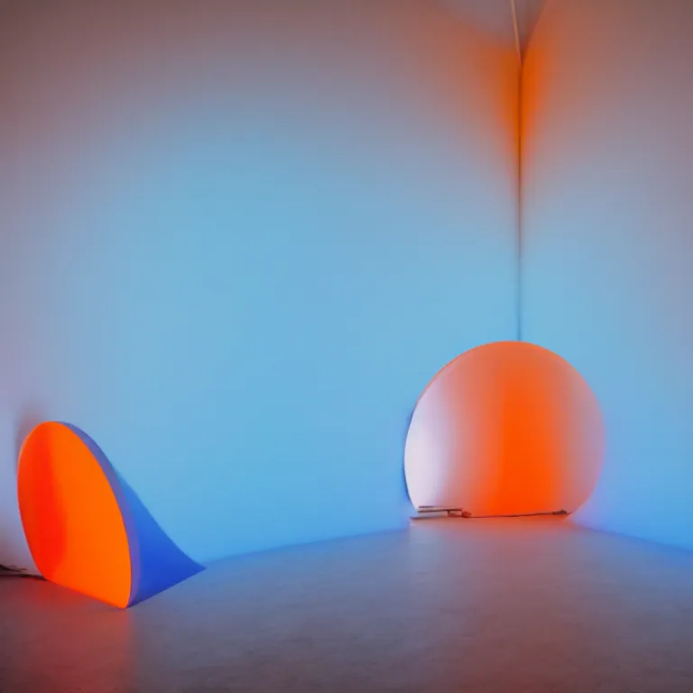 Prompt: conceptual artist performance of'blue and orange'gradient pattern colors light projection onto a few giant human eye models in a cramped art gallery by james turrell, high contrast hyperrealism trending on arstation 8 k