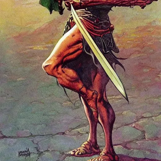 Image similar to warrior holding sword aloft. Fantasy artwork by Moebius and Frank Frazetta