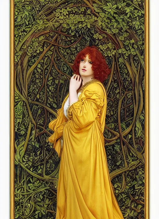 Image similar to masterpiece beautiful seductive flowing curves pose preraphaelite portrait photography, straight bangs, thick set, yellow ochre ornate medieval dress, mushroom forest arch, amongst foliage, william morris and kilian eng and mucha, framed, 4 k
