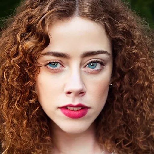 Prompt: Hazel eyes, Almond shaped eyes, medium length hair, wavy hair, portrait, young women, tomboy, amber heard, red hair, frizzy hair, smiling woman, autumn, cupids bow lips, Caucasian woman, heart shape face, sharp eyebrows, high cheekbones, Western European, auburn hair, pale skin, human, human face, young woman, blushing cheeks, button nose