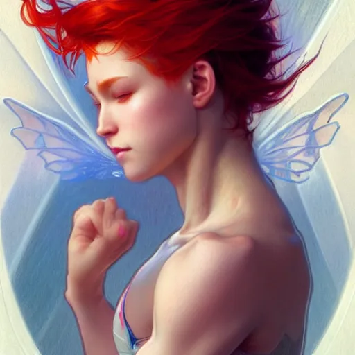 Image similar to beautiful natural fairy small winged redhead martial artist karate fey muscular body shortsword, vivid colors, intricate, elegant, highly detailed, digital painting, artstation, concept art, smooth, sharp focus, illustration, art by artgerm and greg rutkowski and alphonse mucha and loish and wlop