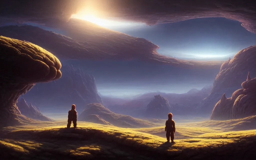 Prompt: a beautiful highly detailed matte painting with a character looking at an alien planet with giant floating orb in the center in a desolate valley by Jose Daniel Cabrera Pena and Leonid Kozienko, Noah Bradley concept art