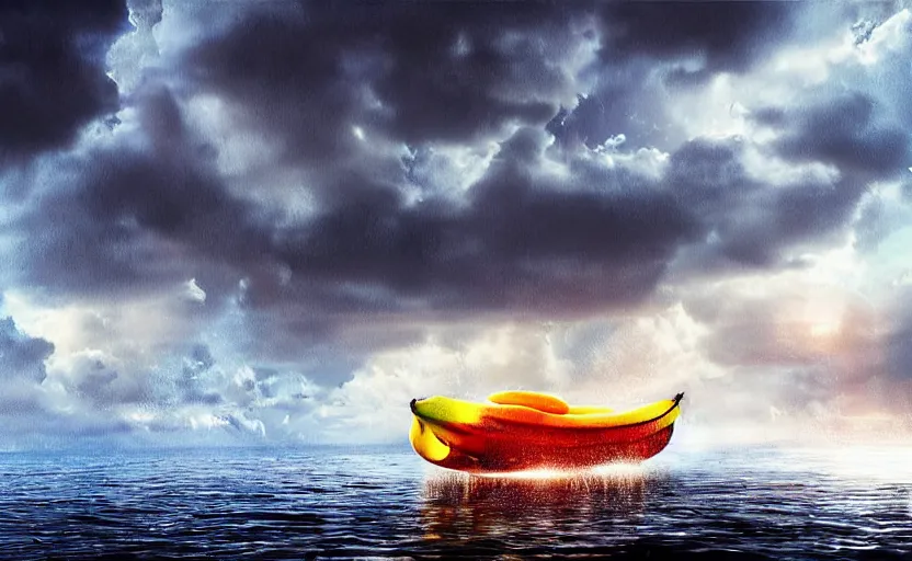 Prompt: a banana boat, cgi scene, stormy digital art, atmospheric lighting