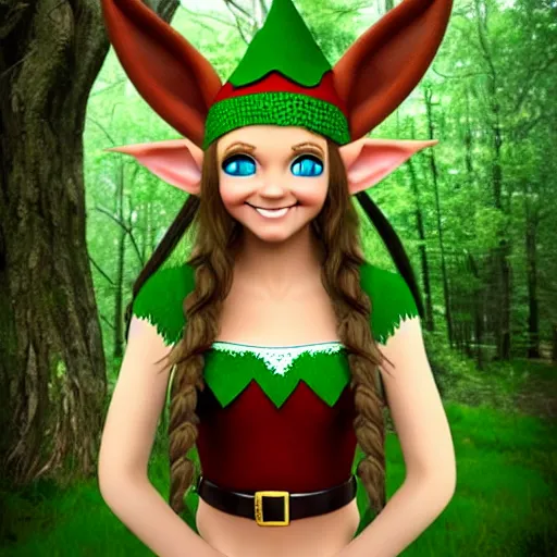 Image similar to elf druid, feminine, smiling, freckles, green eyes, red hair, tall