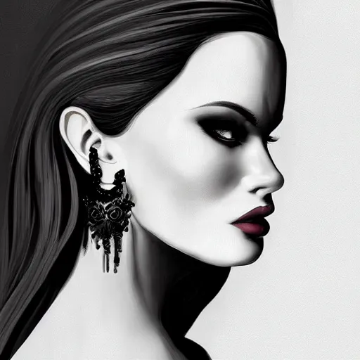 Prompt: digital art painting portrait of elegant gothic lady with earrings, black and white, black colours, hard edges, high quality, textured, dark background, mystic, perfect lighting, high contrast, arstation, artgerm, wlop, 4 k