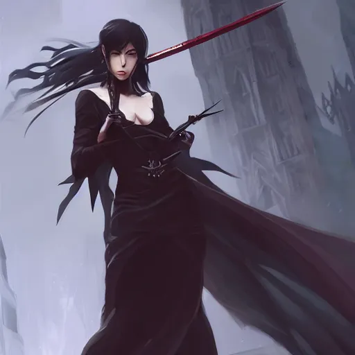 Image similar to female human vampire witch holding a sword, in the style of greg rutkowski, makoto shinkai, trending on artstation, character design, concept art, pretty face, forward facing, highly detailed, digital art, seed : 1 9 2 6 2 5 9 4 0 7