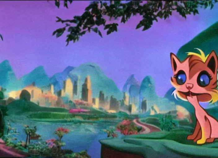 Image similar to littlest pet shop cat in a scenic matte painting from fantasia ( 1 9 4 1 )