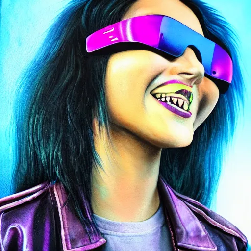 Prompt: closeup painting of a very beautiful young mexican cyberpunk woman with a smile, light blue neon shutter sunglasses on her face, and a purple coloured leather jacket, one side haircut, long brown hair with light blue ends, portrait, sci - fi, hyperdetailed, cgsociety, synthwave by tangerine dream, by jean - michel jarre, by vangelis, by john carpenter