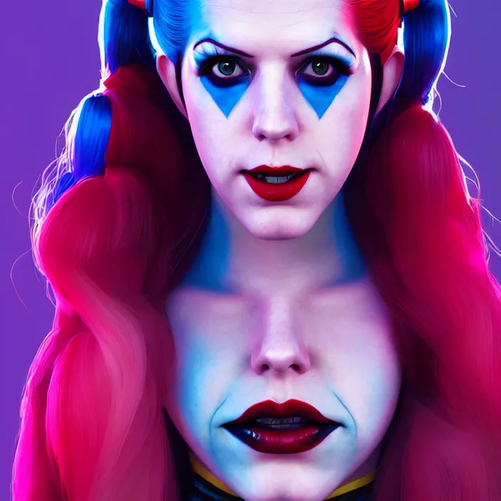 Image similar to portrait of Anna Kendrick as harley quinn. intricate abstract. intricate artwork. by Tooth Wu, wlop, beeple, dan mumford. octane render, trending on artstation, greg rutkowski very coherent symmetrical artwork. cinematic, hyper realism, high detail, octane render, 8k, iridescent accents