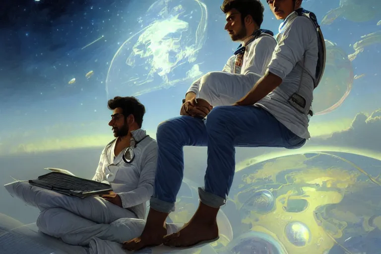 Image similar to Pensive good looking pale young Indian doctors wearing jeans in a space station above Earth, portrait, elegant, intricate, digital painting, artstation, concept art, smooth, sharp focus, illustration, art by artgerm and greg rutkowski and alphonse mucha