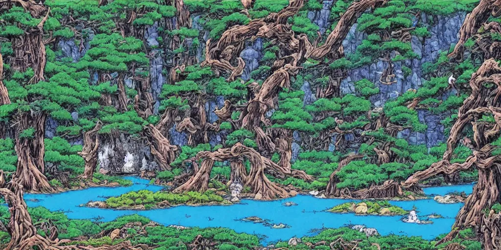 Prompt: art by akira toriyama of the cinematic view of the jiuzhaigou valley forest