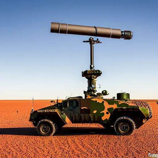 Image similar to mobile camoflaged rugged weather station sensor antenna on tank treads, for monitoring the australian desert, XF IQ4, 150MP, 50mm, F1.4, ISO 200, 1/160s, dawn