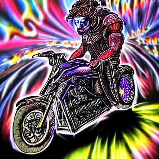 Image similar to psychedelic blacklight airbrush artwork, action shot of an orc biker riding a motorcycle, airbrushed on a black background