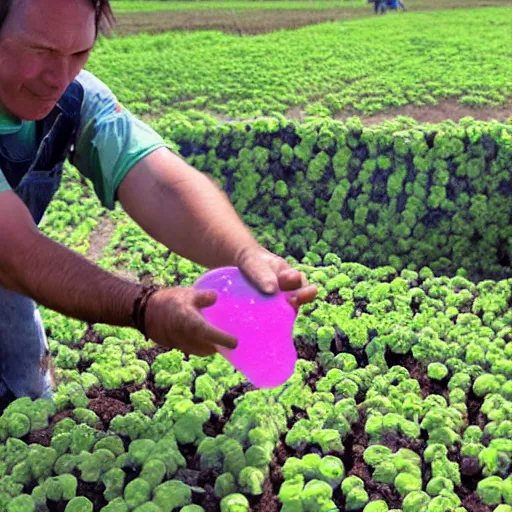 Prompt: a farmer of colorful blobs made of translucent slime trapping them and putting them in a pen