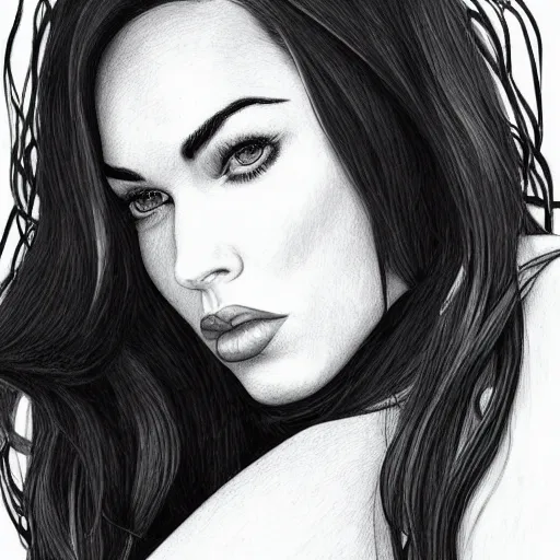 Prompt: “Megan Fox, portrait!!! Portrait based on doodles, lines, monochrome, concept Art, ultra detailed portrait, 4k resolution”