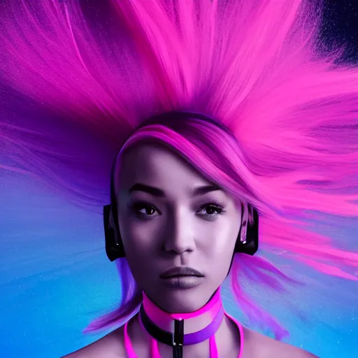 Image similar to a award winning action upper body portrait of a beautiful woman with a ombre purple pink hairstyle with head in motion and hair flying, choker, outrun, vaporware, vivid colors, highly detailed, fine detail, intricate