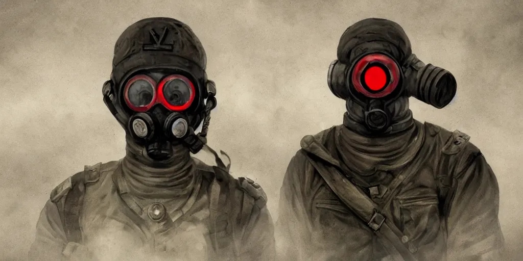 Prompt: buff soviet russian soldier wearing a demonic gasmask with glowing red eyes, concept art, digital portrait, horror, creepy, concept art, military art, dark fantasy art, sci - fi, retrofuturism