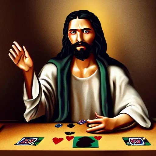 Prompt: nine various interpretations of Jesus playing poker