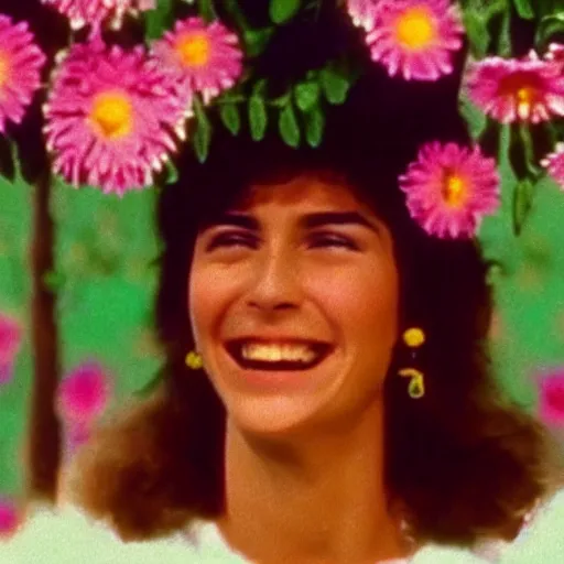 Image similar to vhs 1 9 8 0 s footage of a scene from the movie midsommar, a woman smiling while surrounded by flowers