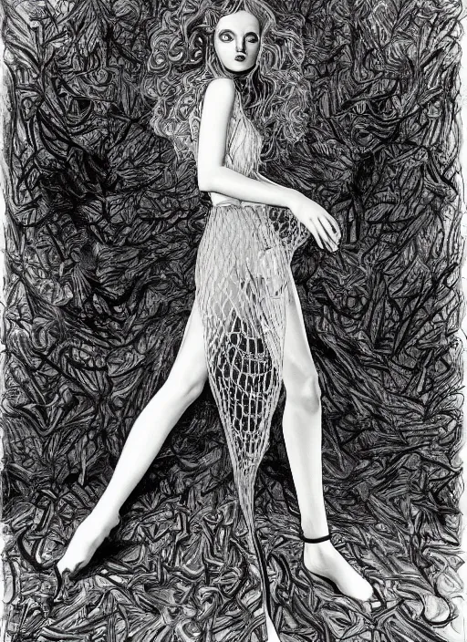 Prompt: surrealism psychedelic full body portrait sketch of lily cole as delirium of the endless in fishnet top and tutu skirt from the sandman, by alex ross, josh kirby, detailed, elegant, intricate