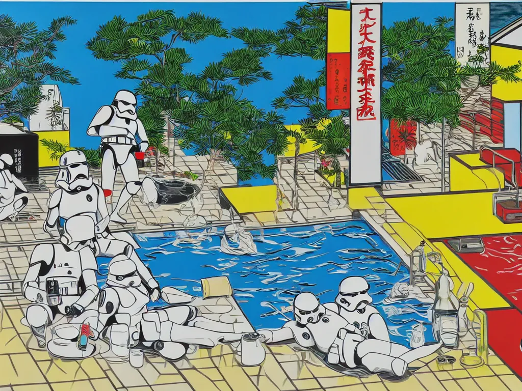 Image similar to hyperrealism composition of the japanese house with a hot springs in the garden, two detailed stormtroopers bathe in a hot spring, pop - art style, jacky tsai style, andy warhol style, roy lichtenstein style, acrylic on canvas