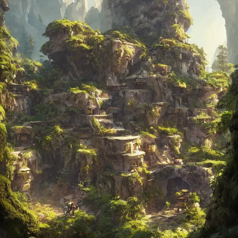Prompt: secret overwatch living quarters carved inside a mountain surrounding a lush garden, trimmed, magical, natural light, cozy, fantasy, minimalist architecture, sharp focus, concept art, by greg rutkowski and craig mullins, atmospheric, octane render