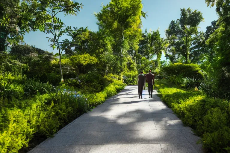 Prompt: a cinematic wideangle photograph of a man and woman walking through a walkway, green plants, blue sky, beautiful lighting, ultra realistic, movie still