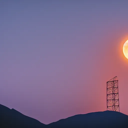 Image similar to Night photography of a misty mountain with a radio tower on top, and a yellow moon directly behind it. Lens compression