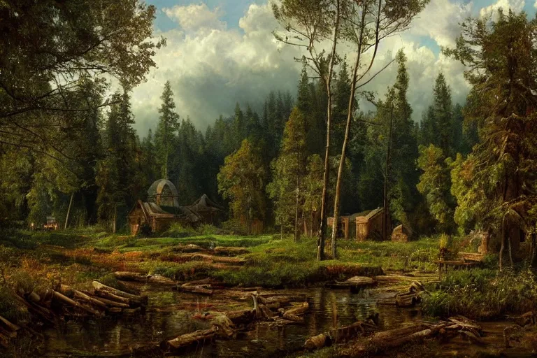 Image similar to A beautiful painting of russian village in dark forest by ivan shishkin and arkhip kuindji, trending on artstation, matte painting