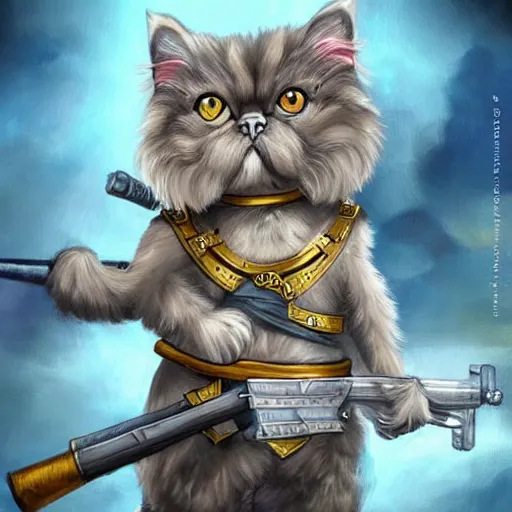 Prompt: a fantasy game portrait of a persian cat. the persian cat has a determined expression and is holding a bazooka. highly detailed and trending on art station.