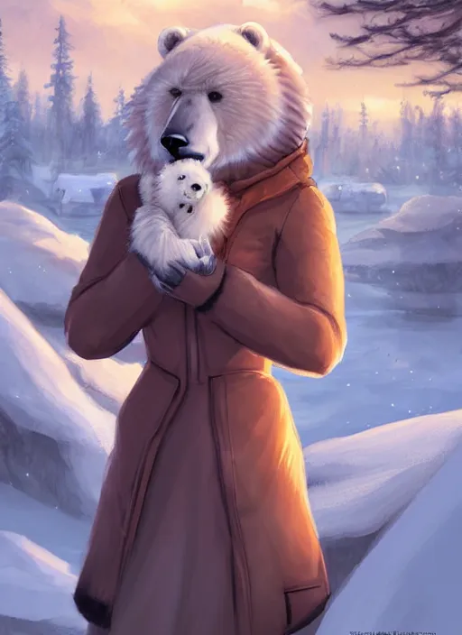 Image similar to award winning beautiful portrait commission art of a female furry anthro polar bear fursona with a cute beautiful attractive detailed furry face wearing cute stylish winter clothes at a comfy winter cabin at dusk by firelight. Character design by charlie bowater, ross tran, artgerm, and makoto shinkai, detailed, inked, western comic book art