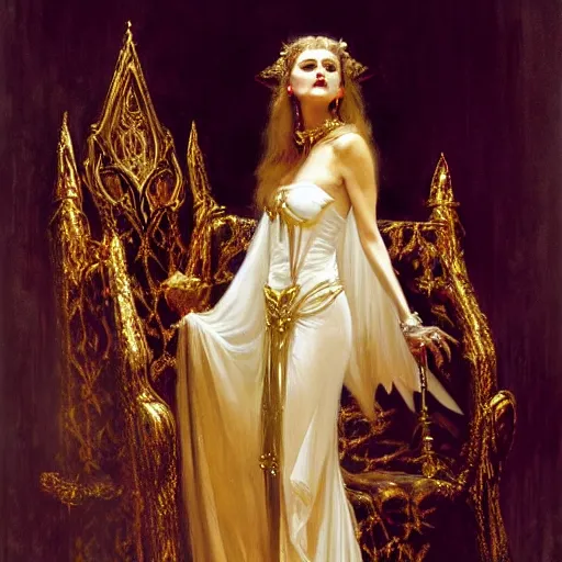 Prompt: perfectly centered portrait of beautiful vampire queen in gold gothic robe sitting on a throne of white bones, painting by gaston bussiere, craig mullins, j. c. leyendecker, 8 k, mid shot